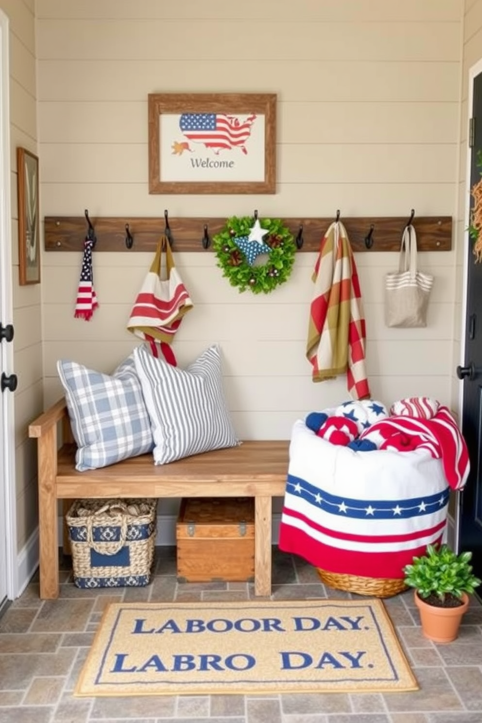 A welcoming mudroom adorned with seasonal decor for Labor Day. The space features a rustic bench with colorful throw pillows and a large basket filled with red, white, and blue blankets. On the walls, patriotic-themed artwork hangs alongside hooks for coats and bags. A cheerful welcome mat sits at the entrance, and small potted plants add a touch of greenery to the decor.