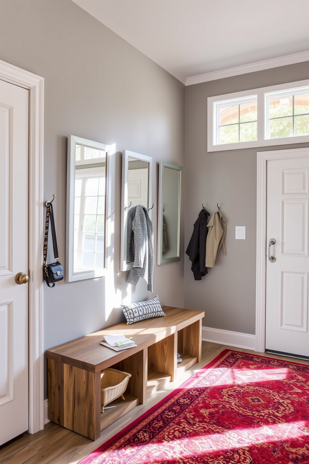 A welcoming mudroom filled with natural light. Mirrored accents are strategically placed to enhance the sense of space and brightness. The walls are painted in a soft gray, complemented by a rustic wooden bench. Stylish hooks line the wall for hanging jackets, and a vibrant area rug adds a pop of color to the floor.