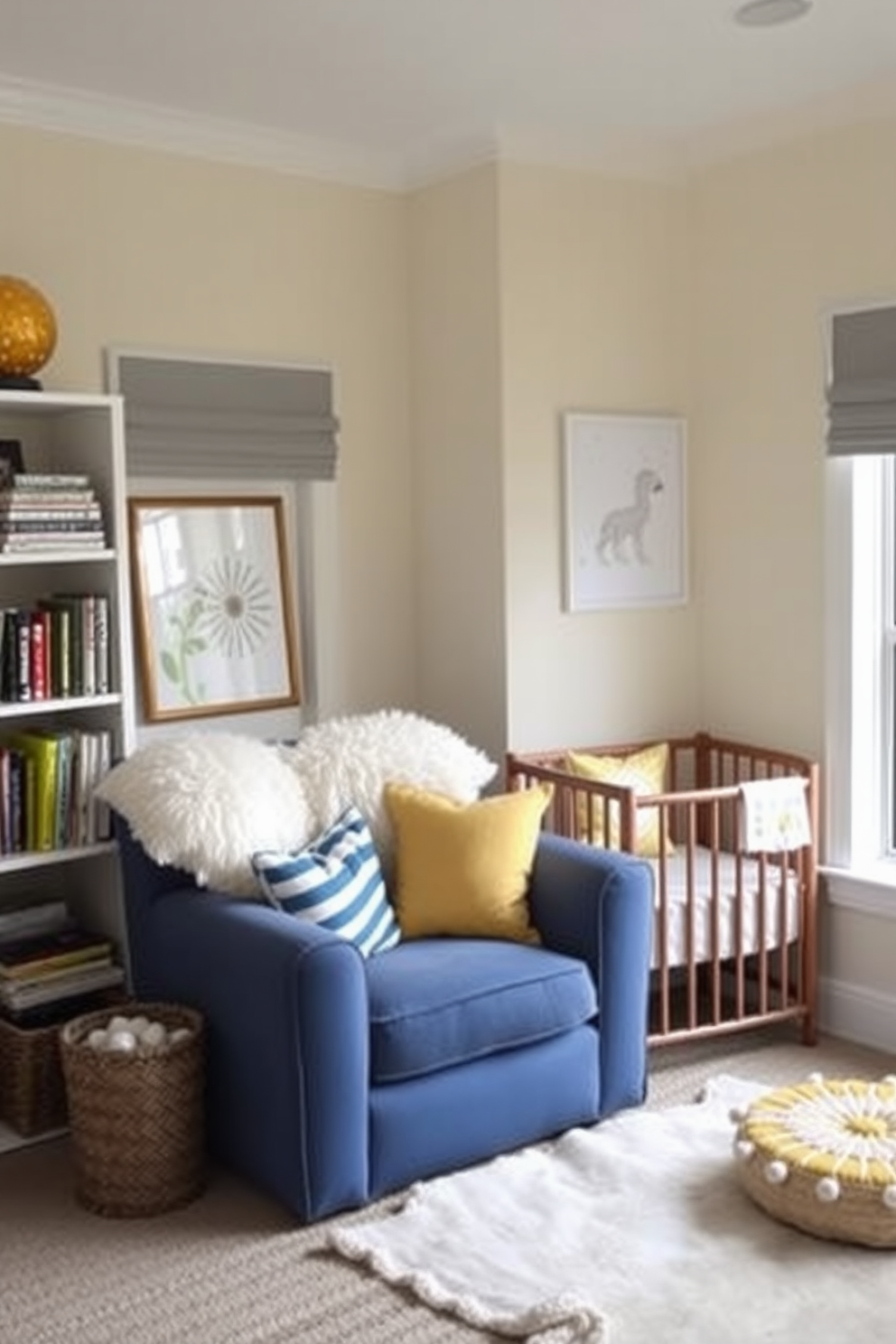 Cozy reading nook with soft cushions. A plush armchair is positioned near a large window, surrounded by shelves filled with books and decorative items. Labor Day Nursery Decorating Ideas. The nursery features a gentle color palette of pastel blues and yellows, with whimsical wall art and a comfortable crib placed against the wall.