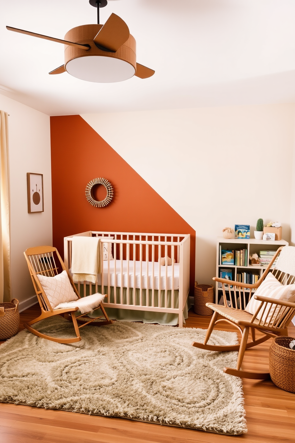 A cozy nursery space featuring a gender-neutral color palette with earthy tones. The walls are painted in soft beige, complemented by a warm terracotta accent wall. A comfortable crib is placed in the center, adorned with a natural wood mobile. A plush area rug in muted greens and browns adds warmth, while a wooden rocking chair sits in the corner next to a small bookshelf filled with children's books.