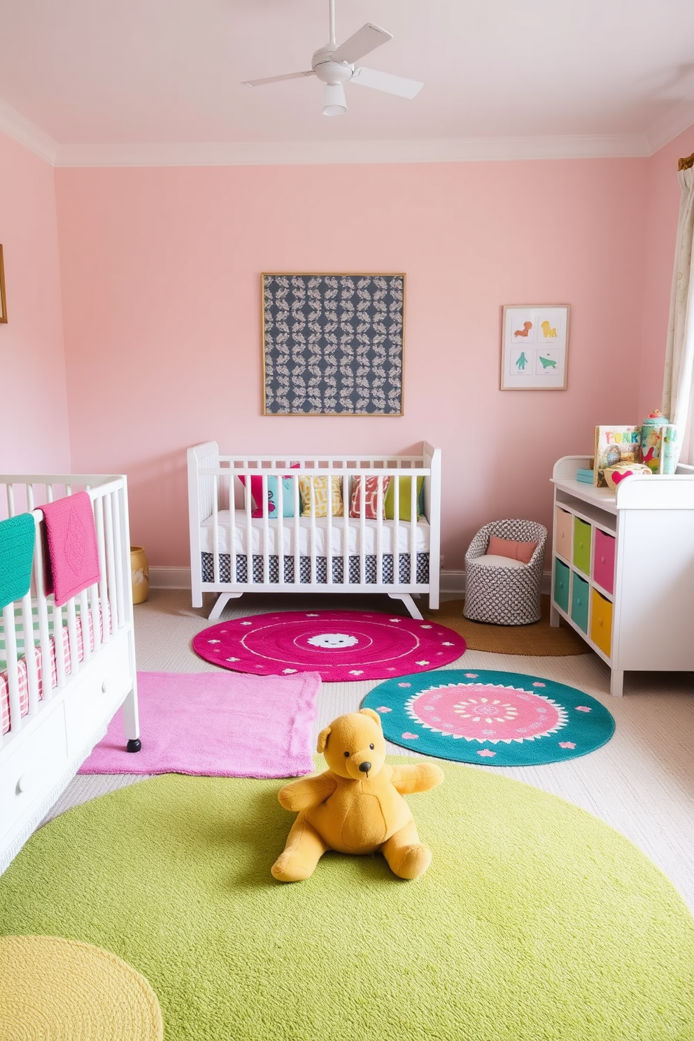 A vibrant nursery featuring playful rugs that define distinct activity areas. The walls are painted in soft pastel colors, and a cozy reading nook is adorned with colorful cushions.