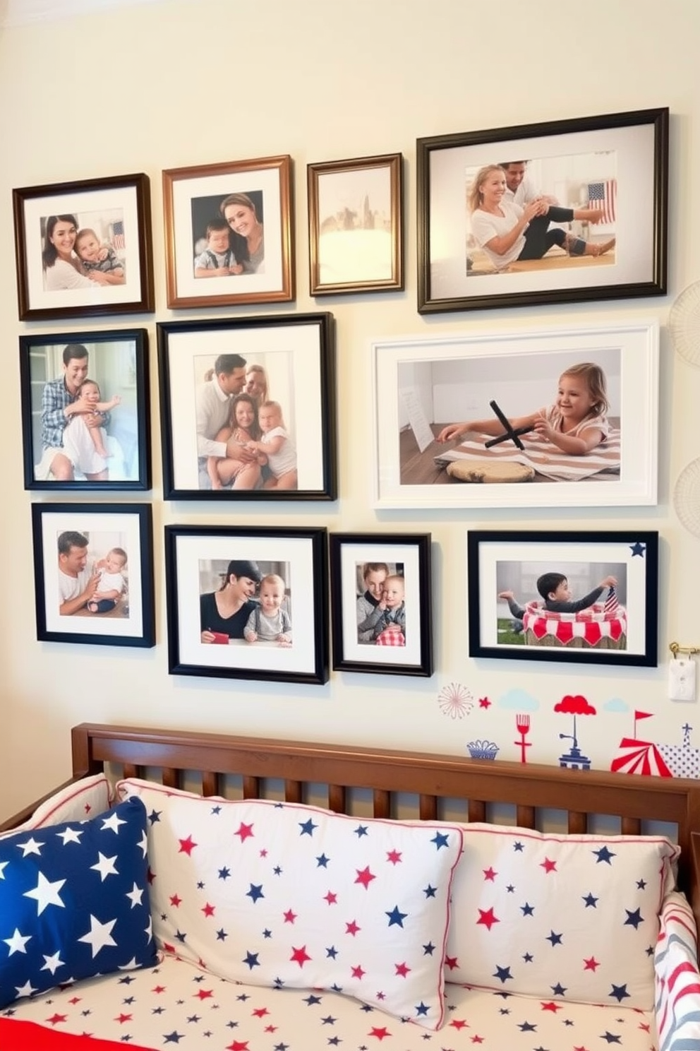 A gallery wall adorned with a mix of family photos and vibrant artwork creates a warm and inviting atmosphere. The photos are arranged in a stylish layout with varying frame sizes, showcasing cherished memories and artistic expressions. For a Labor Day nursery, consider a playful theme that incorporates red, white, and blue elements. Soft bedding with star patterns and cheerful wall decals of fireworks and picnic scenes add a festive touch to the space.