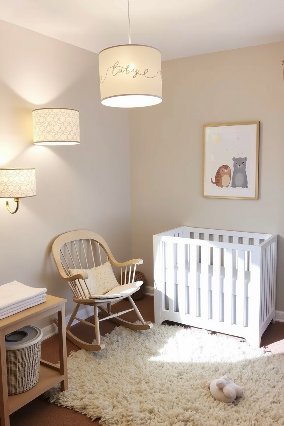 A serene nursery setting with soft lighting provided by decorative lampshades. The walls are painted in a gentle pastel color, and a cozy rocking chair is placed in the corner, inviting relaxation. A plush area rug in soft textures covers the floor, creating a warm play space. Adorable artwork featuring whimsical animals adorns the walls, enhancing the cheerful atmosphere.