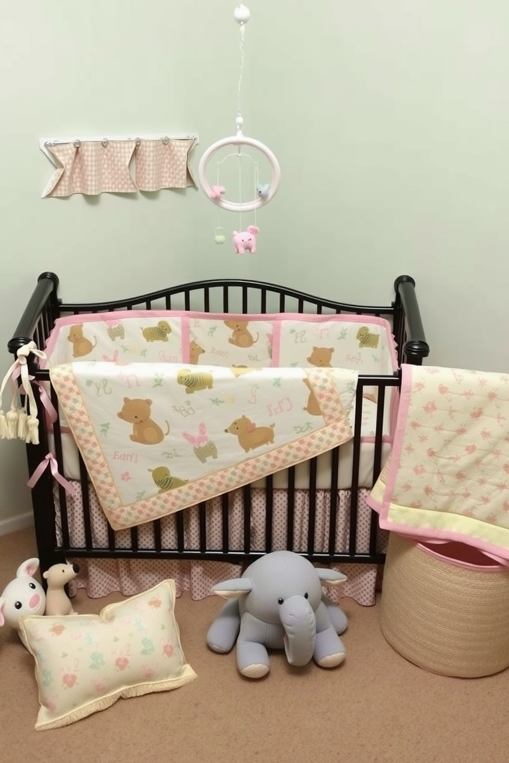 The nursery features a cozy themed bedding set that incorporates soft pastel colors and playful patterns. The bedding includes a quilt adorned with whimsical animals and coordinating sheets, creating a harmonious and inviting atmosphere. A charming mobile hangs above the crib, complementing the bedding and adding a touch of whimsy to the space. The walls are painted in a gentle hue that enhances the overall theme, while plush toys and decorative accents complete the look.