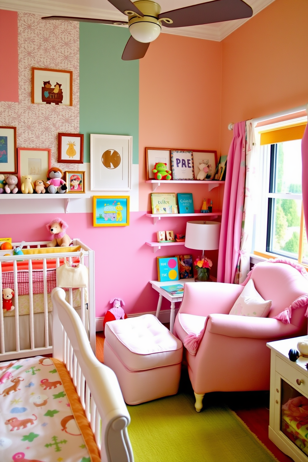 A charming nursery filled with vibrant colors and playful decor. The walls are adorned with a mix of framed artwork and shelves displaying stuffed animals and children's books. A cozy reading nook is created with a plush armchair and a small side table, inviting quiet moments. Soft pastel shades dominate the room, complemented by whimsical patterns in the bedding and curtains.