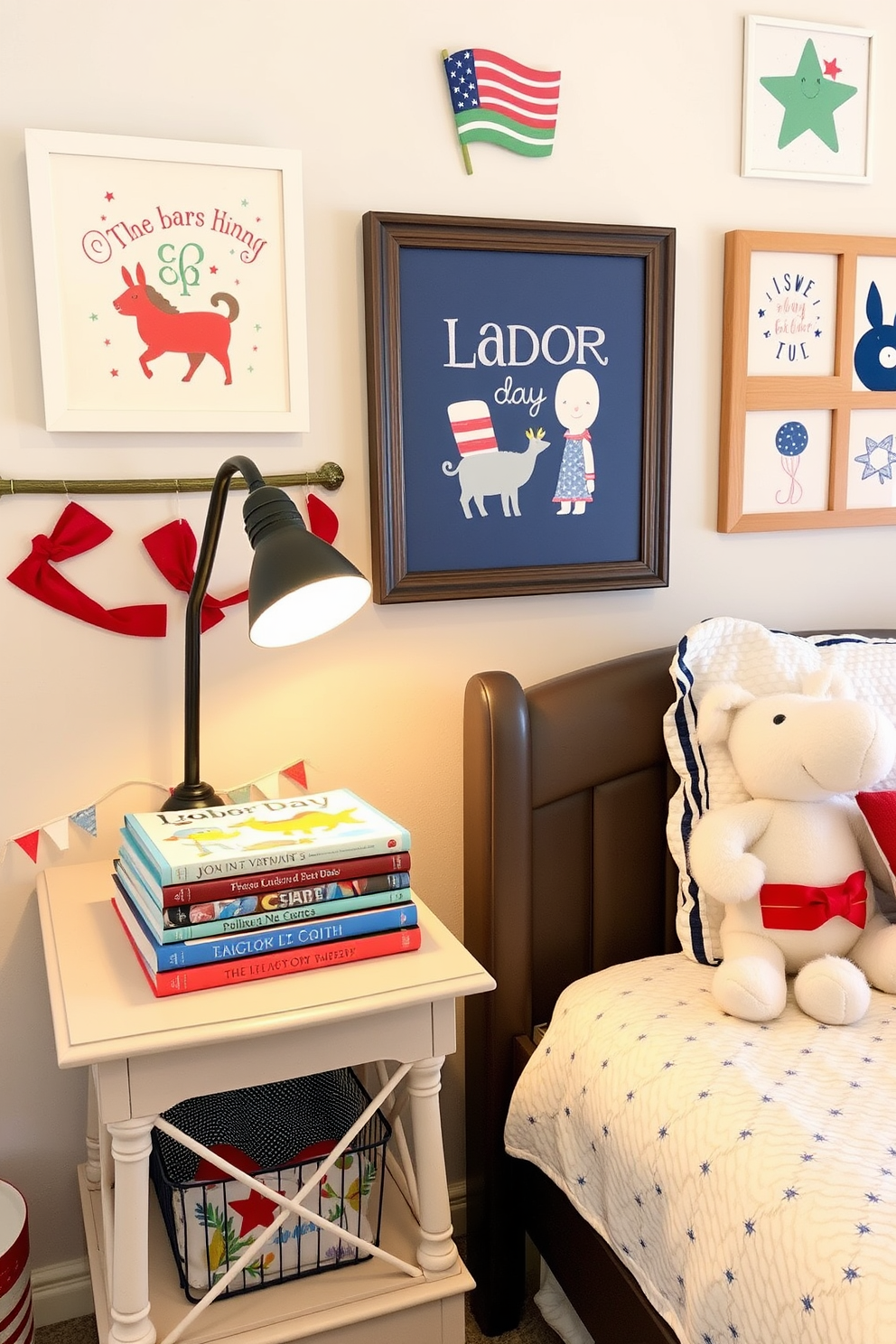 A charming nightstand is adorned with a stack of colorful storybooks that invite bedtime reading. The nightstand features a soft lamp casting a warm glow, creating a cozy atmosphere in the nursery. The nursery is decorated with playful Labor Day themes, incorporating red, white, and blue accents throughout the space. Whimsical wall art and plush toys add a cheerful touch, making it a perfect retreat for little ones.