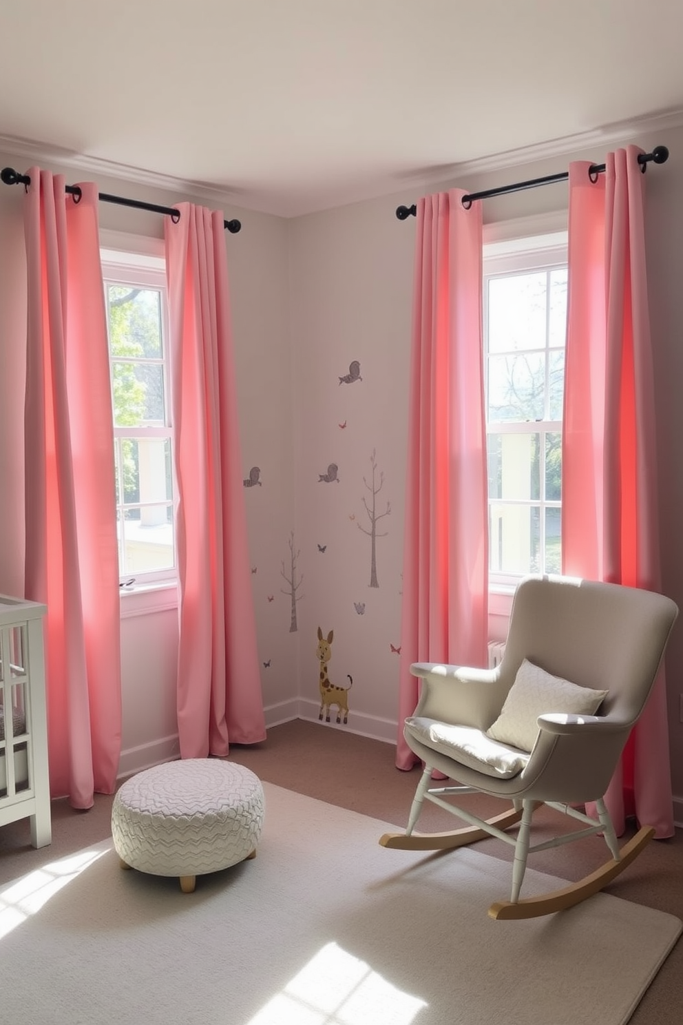 Bright curtains in soft pastel colors frame the windows, allowing natural light to flood the room and create a cheerful atmosphere. The nursery is adorned with playful wall decals of animals and trees, while a cozy rocking chair sits in the corner, inviting moments of calm and bonding.