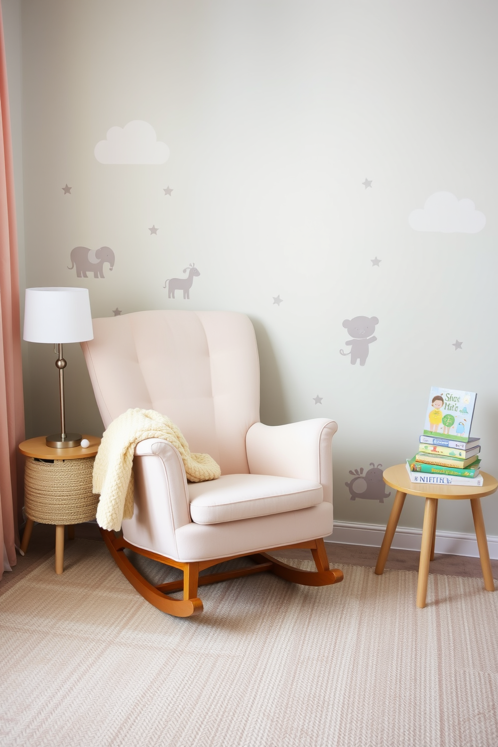 Cozy rocking chair positioned in a softly lit corner of a nursery. The chair is upholstered in a gentle pastel fabric, complemented by a plush throw blanket draped over one arm. Surrounding the chair are whimsical wall decals featuring playful animals and soft clouds. A small side table holds a stylish lamp and a stack of children's books, creating an inviting atmosphere for feeding time.