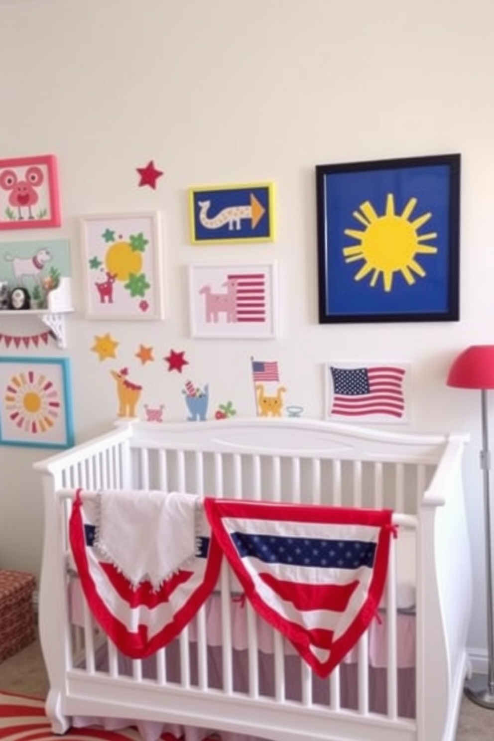 A vibrant nursery filled with colorful wall art featuring playful designs and removable decals that can easily be changed as the child grows. The room is adorned with soft pastel colors, creating a cheerful and inviting atmosphere perfect for a Labor Day celebration.