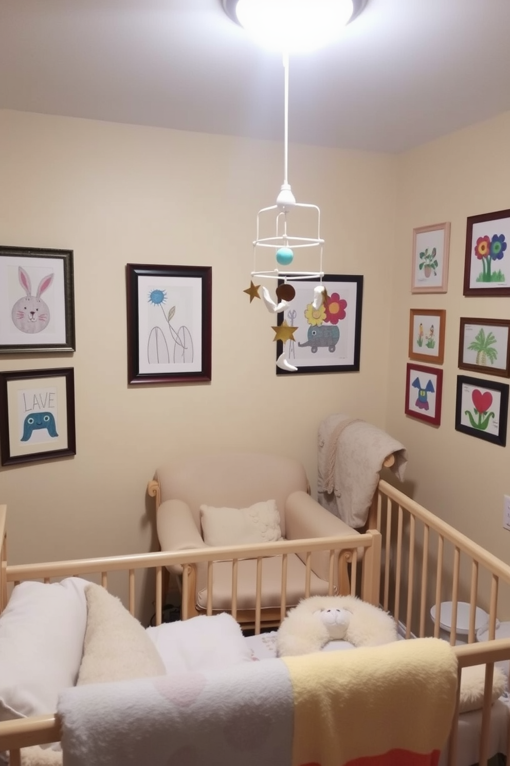 A cozy nursery adorned with colorful artwork created by family members. The walls are painted in soft pastel shades, featuring framed drawings and paintings that add a personal touch to the space. A comfortable rocking chair sits in the corner, surrounded by plush cushions. A whimsical mobile hangs above the crib, complementing the cheerful atmosphere of the room.