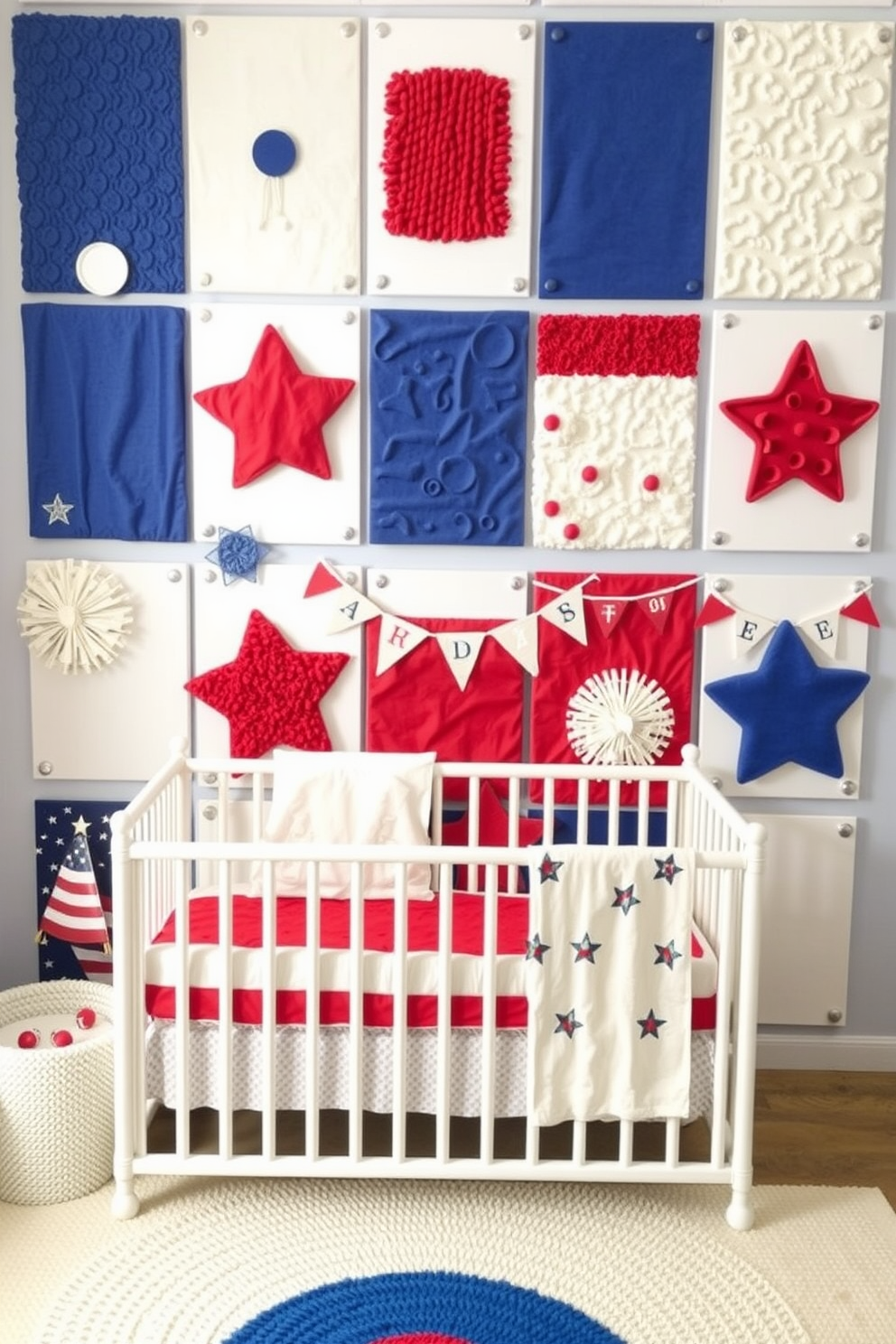 Interactive wall panels for sensory play. The panels are designed with various textures, colors, and shapes to engage children and stimulate their senses. Labor Day Nursery Decorating Ideas. The nursery features a patriotic theme with red, white, and blue color schemes, complemented by playful decorations and soft furnishings.