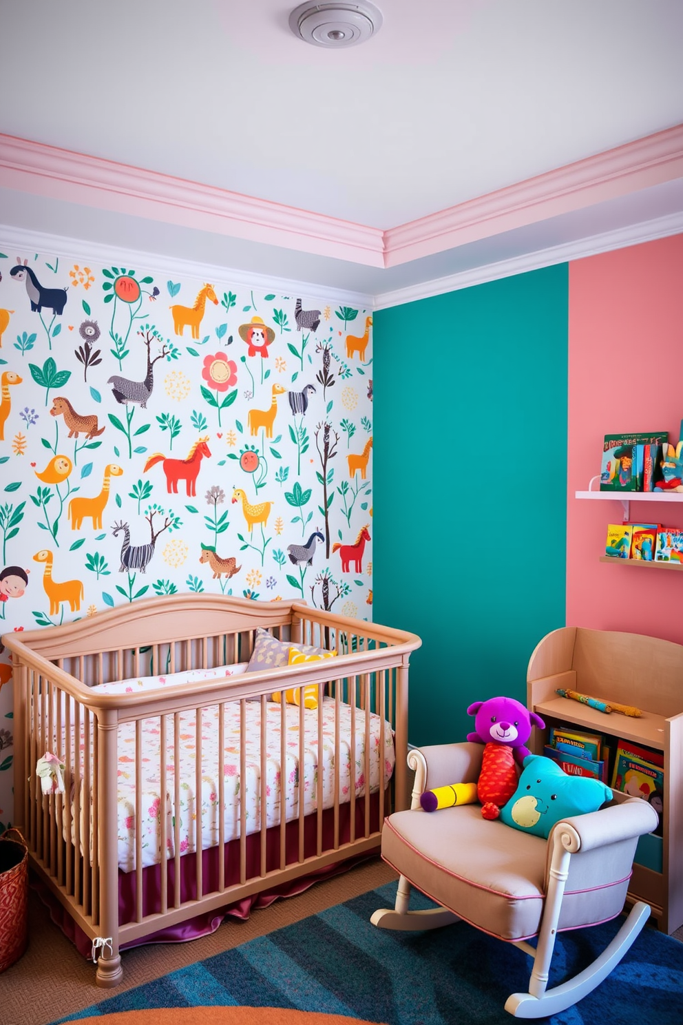 A vibrant nursery featuring a bold accent wall adorned with playful wallpaper depicting whimsical animals. The rest of the walls are painted in a soft pastel hue, creating a warm and inviting atmosphere for the child. The room includes a cozy crib with a plush bedding set that complements the accent wall. A comfortable rocking chair sits in the corner, surrounded by colorful plush toys and a small bookshelf filled with children's books.