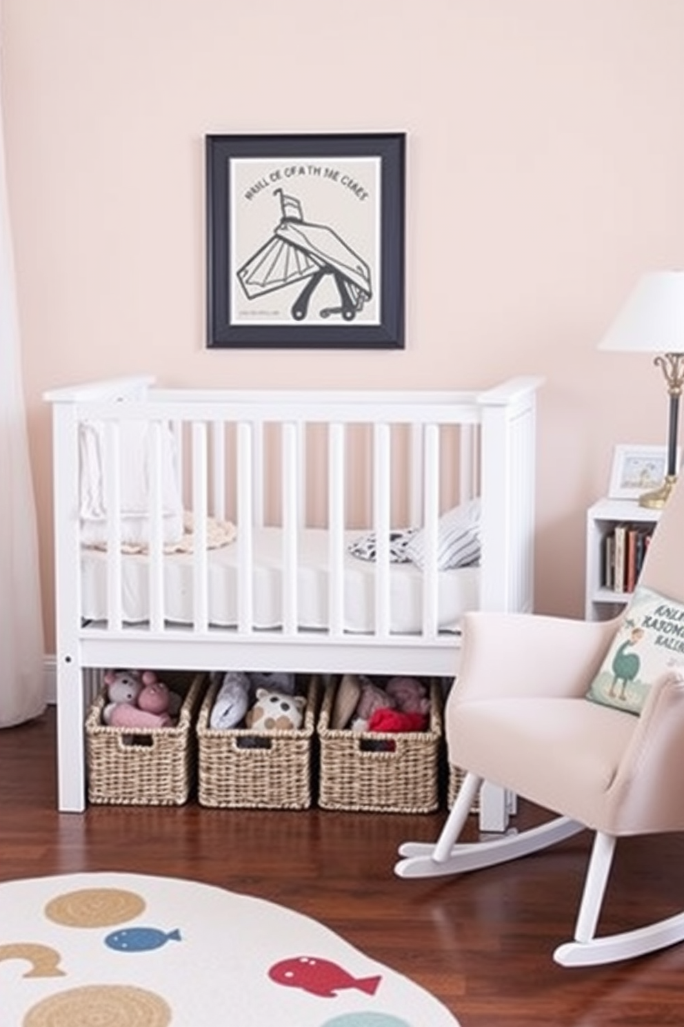 A stylish nursery featuring under-crib storage solutions to maximize space. The crib is positioned against a soft pastel wall, with baskets neatly tucked underneath for easy access to toys and blankets. Decorative elements include a cozy rocking chair and a small bookshelf filled with children's books. A playful rug adds warmth to the floor, creating an inviting atmosphere for both parents and children.