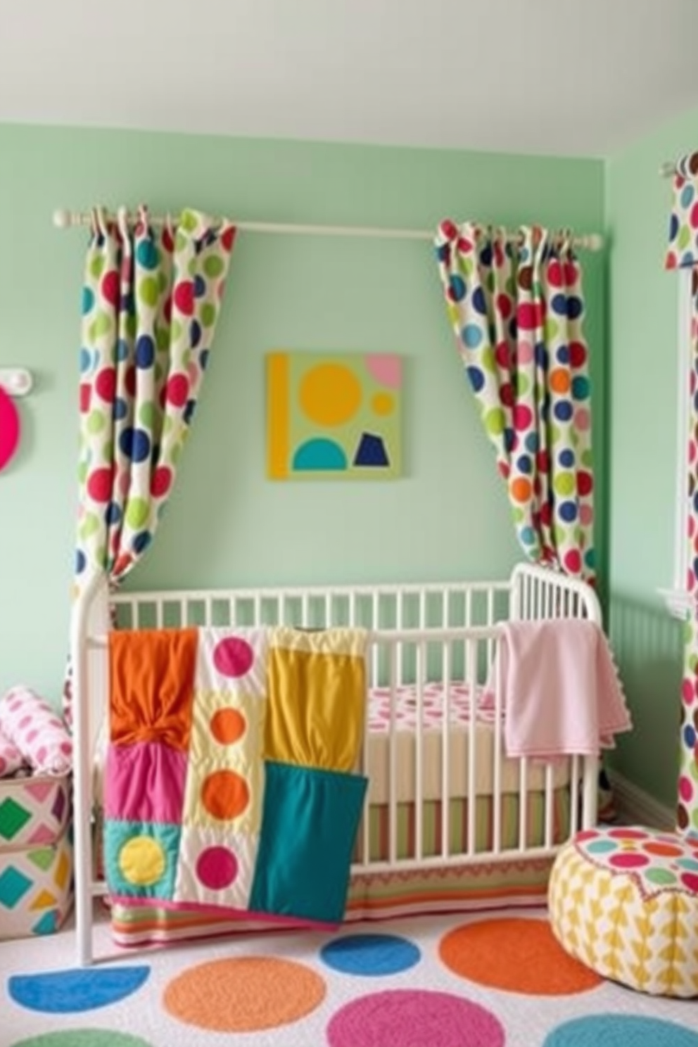 Create a vibrant nursery filled with fun shapes and patterns in textiles. The walls are painted in a soft pastel color, and the bedding features playful geometric designs in bright hues. Incorporate a cozy crib adorned with a patchwork quilt that showcases various shapes like stars and circles. Add whimsical curtains with bold patterns to bring energy and charm to the space.