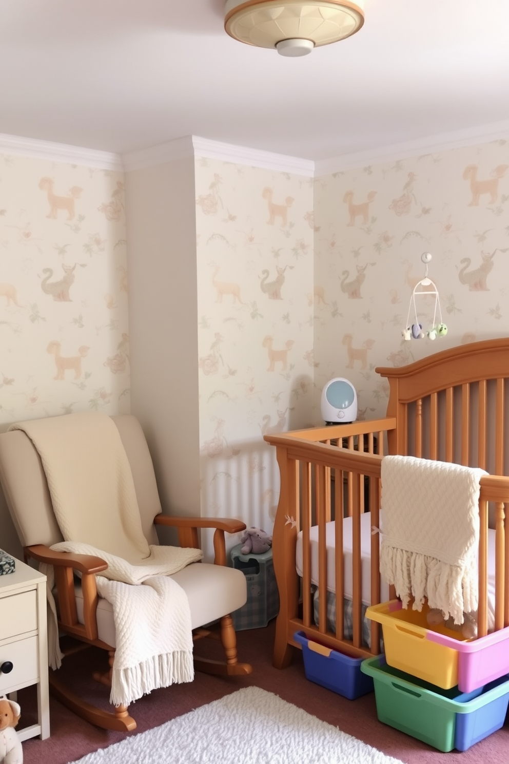 A cozy nursery filled with soft pastel colors. There is a comfortable rocking chair in one corner, paired with a plush throw blanket draped over the armrest. The walls are adorned with whimsical animal-themed wallpaper. A beautifully crafted wooden crib sits against one wall, with a mobile gently swaying above it. A gentle sound machine is placed on a nightstand, providing soothing ambiance for peaceful sleep. Colorful storage bins are neatly arranged to keep toys organized and accessible.