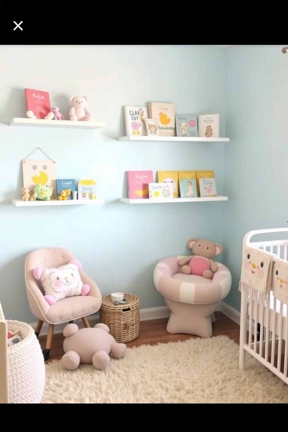 A cozy nursery setting features a soft pastel color palette with coordinated toys and books neatly arranged on floating shelves. The walls are painted in a gentle light blue, and a plush area rug adds warmth to the space, creating a welcoming atmosphere for children.