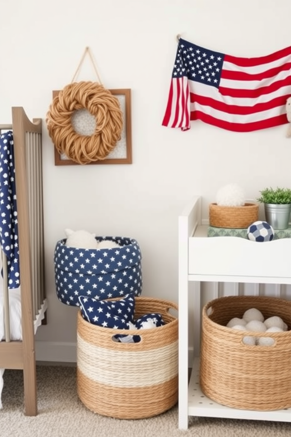 Stylish storage bins for organization. The nursery features a calming color palette with soft pastels, and the bins are woven with natural materials, adding texture and warmth to the space. Labor Day Nursery Decorating Ideas. The room is adorned with playful patterns and seasonal accents, creating a cozy atmosphere perfect for celebrating the holiday while providing comfort for the little one.