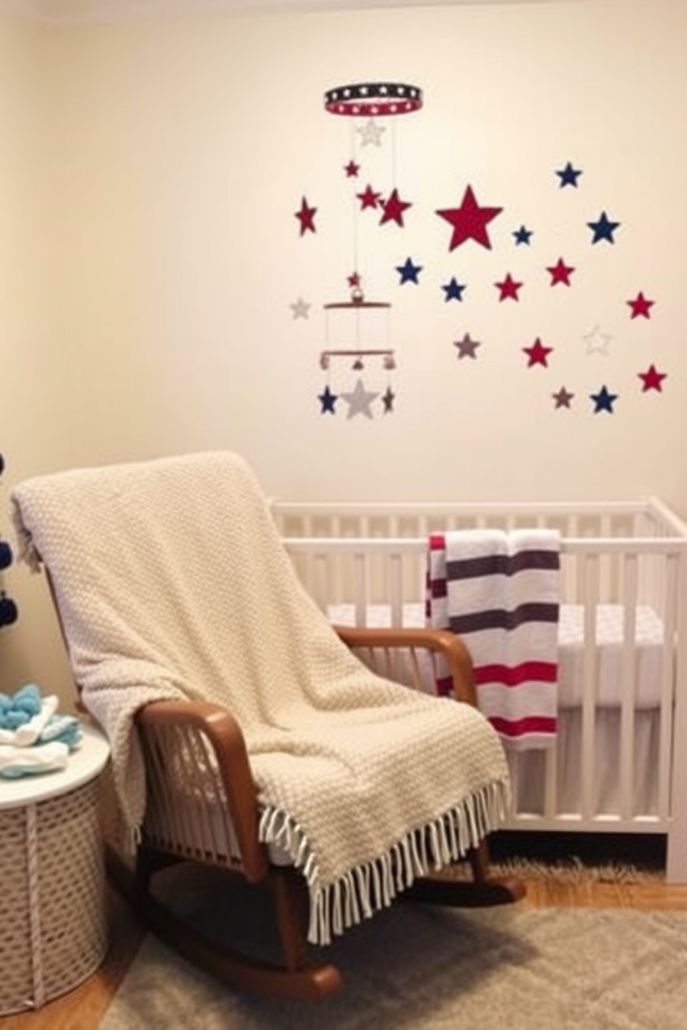 Textured blankets are draped over a cozy rocking chair in a beautifully designed nursery. Soft pastel colors adorn the walls, creating a serene environment for relaxation and bonding. Labor Day Nursery decorating ideas include playful wall decals of stars and stripes. A charming mobile hangs above the crib, featuring red, white, and blue elements that celebrate the holiday spirit.