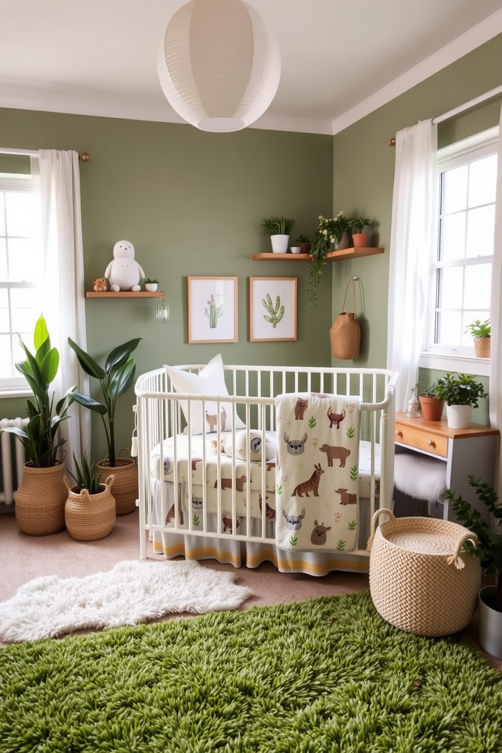 A serene nursery decorated with nature-themed elements. Soft green walls create a calming atmosphere, while various potted plants are placed throughout the room. Adorable animal-themed accents are incorporated into the decor. A cozy crib is adorned with bedding featuring whimsical forest creatures, and a plush rug mimics the look of grass.