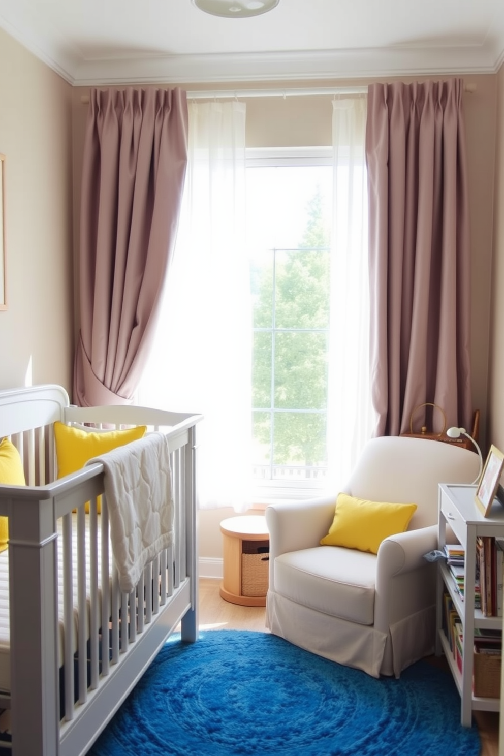 A serene nursery setting featuring neutral tones with soft beige walls and a light gray crib. Colorful accents such as bright yellow cushions and a vibrant blue rug add a cheerful touch to the space. A cozy reading nook is created with a plush armchair in a pastel shade and a small bookshelf filled with colorful children's books. The window is adorned with light-filtering curtains that allow natural light to brighten the room while maintaining a calm atmosphere.