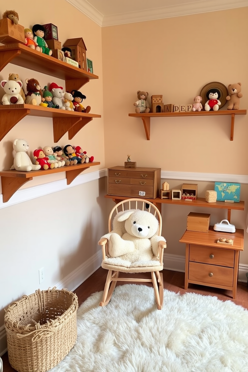 A charming nursery featuring vintage toys displayed on wooden shelves. The walls are painted in soft pastel colors, creating a warm and inviting atmosphere. The shelves are filled with an assortment of classic toys, including stuffed animals and wooden blocks. A cozy rocking chair sits in the corner, accompanied by a fluffy rug for added comfort.