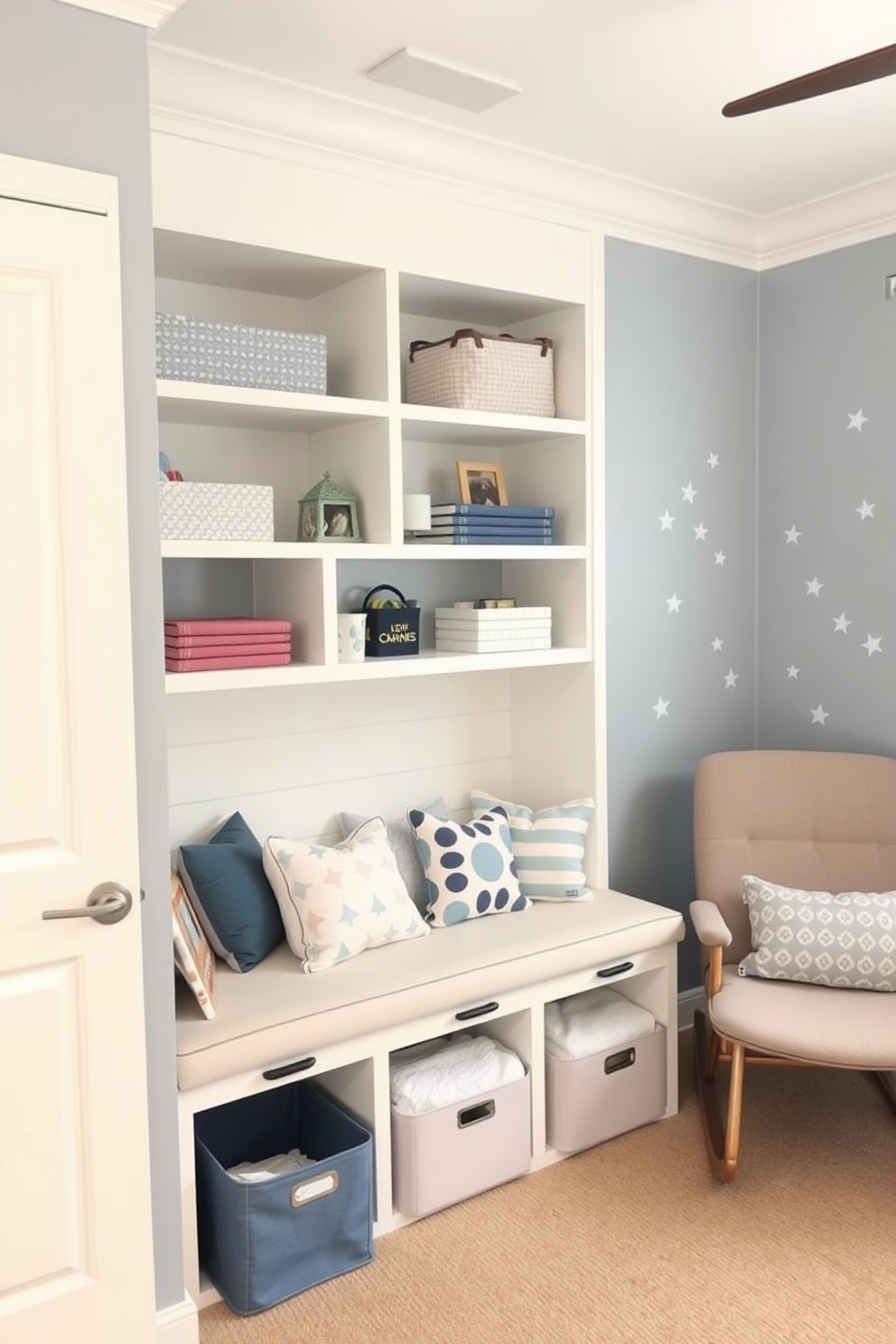 Functional storage solutions for small spaces. A sleek built-in shelving unit lines the wall, maximizing vertical space while offering a mix of open and closed storage options. Beneath the unit, a cozy bench with hidden compartments provides additional seating and storage for toys and blankets. Labor Day Nursery Decorating Ideas. The nursery features a calming color palette of soft blues and whites, with playful accents like star-shaped wall decals. A comfortable rocking chair sits in the corner, paired with a small side table for easy access to books and essentials.