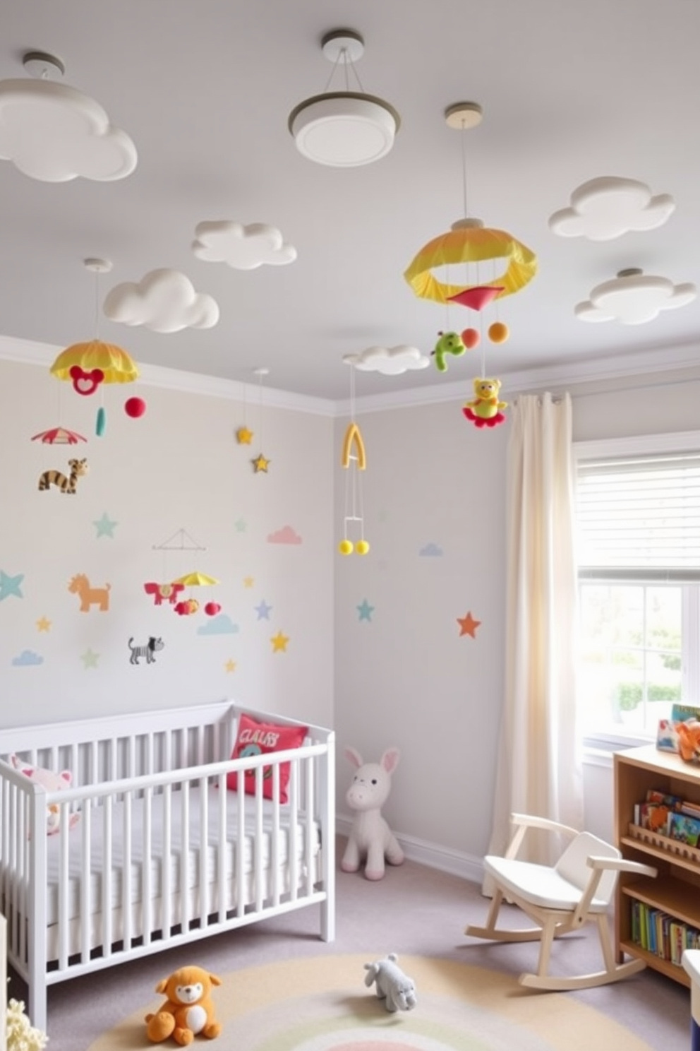 A playful nursery adorned with whimsical ceiling mobiles that sway gently overhead. The room features soft pastel colors, with a cozy crib in the corner and plush toys scattered around the floor. Brightly colored wall decals of animals and clouds create a cheerful atmosphere. A comfortable rocking chair sits next to a wooden bookshelf filled with storybooks and stuffed animals.