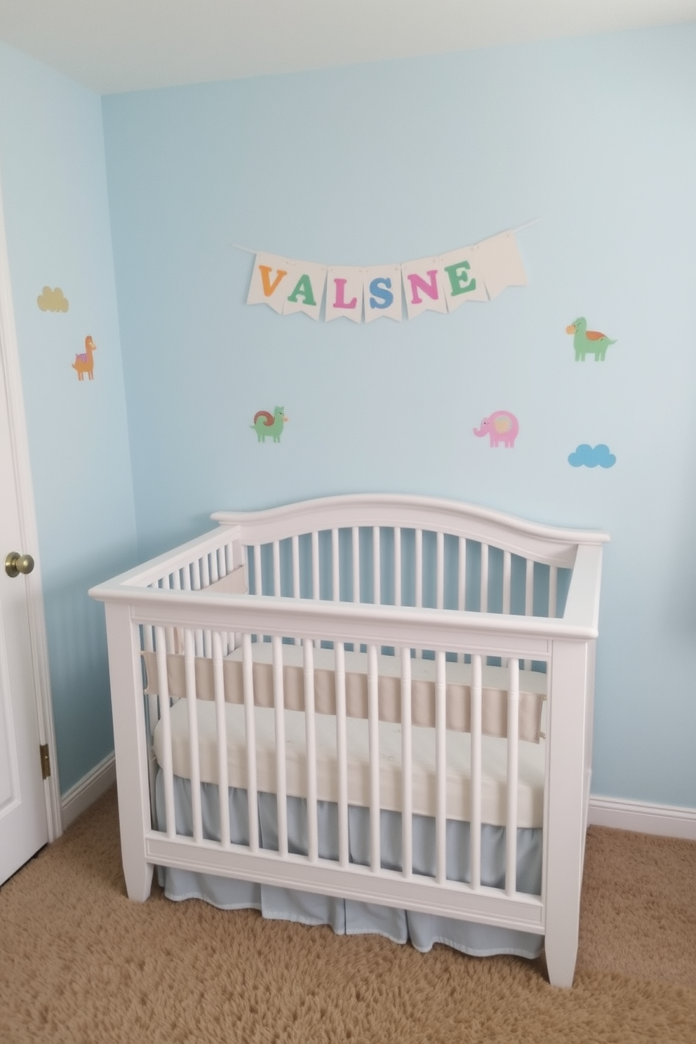 A charming nursery setting featuring a personalized name banner above a cozy crib. The crib is adorned with soft pastel bedding, and the walls are painted in a gentle light blue hue. Colorful wall decals of animals and clouds add a playful touch to the room. A plush area rug in a neutral tone lies beneath the crib, creating a warm and inviting space for the baby.