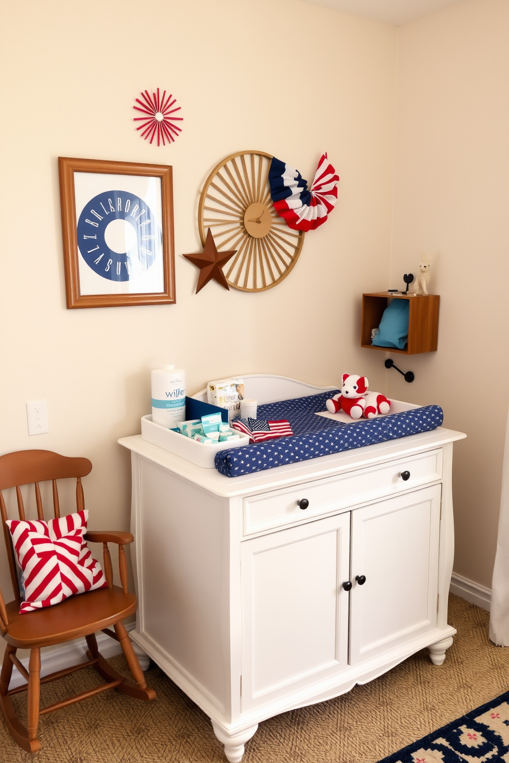 A stylish changing table is elegantly placed against a soft pastel wall. Its surface is adorned with neatly organized supplies, including diapers, wipes, and plush toys, creating a functional yet inviting space. The nursery features cheerful Labor Day-themed decorations, incorporating subtle red, white, and blue accents. A cozy rocking chair sits nearby, providing a perfect spot for soothing moments with the baby.