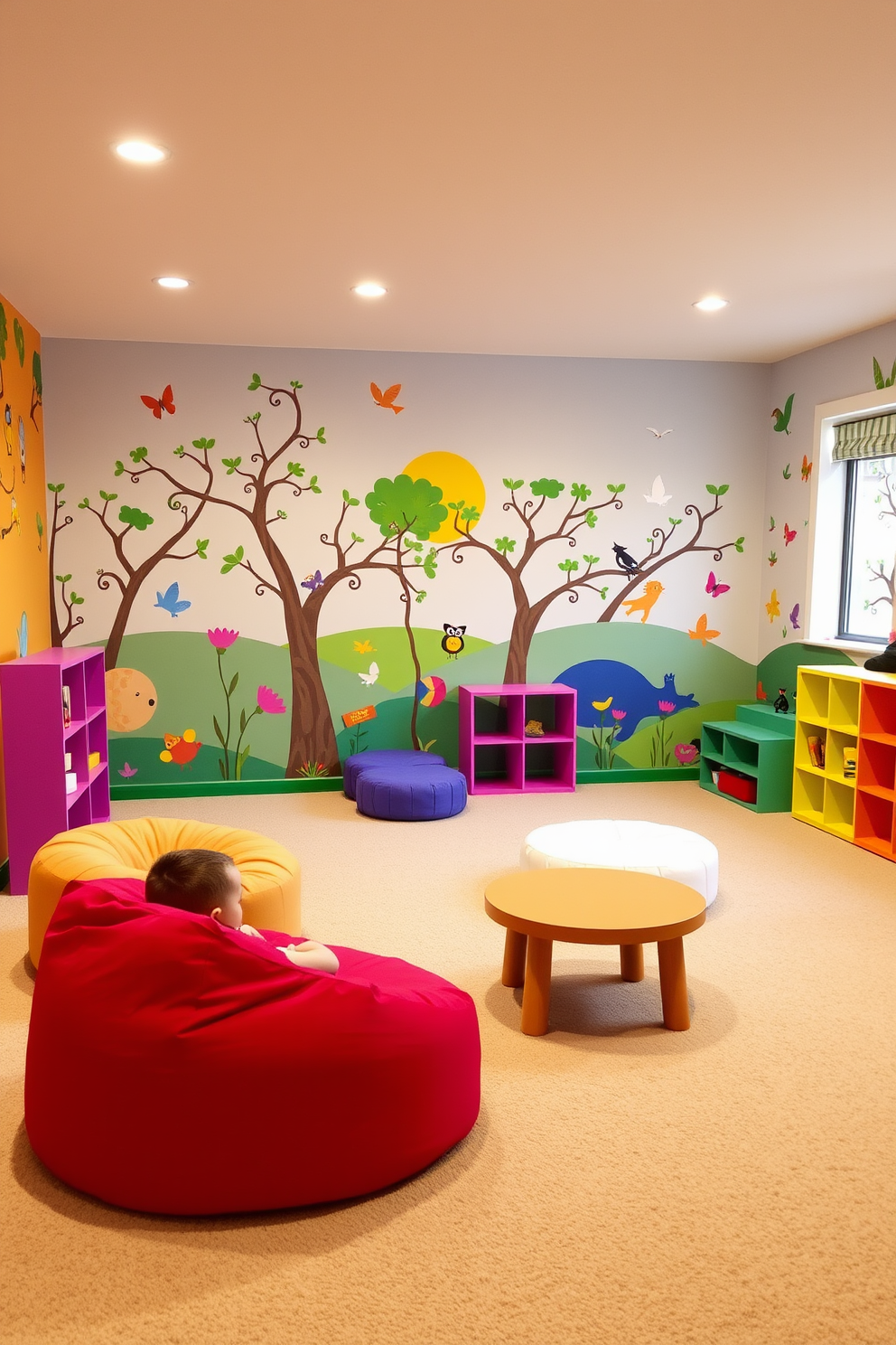 A vibrant playroom filled with colorful wall decals depicting whimsical characters and nature scenes. The walls are adorned with a mix of bright hues that create a cheerful and inviting atmosphere for children. The room features a soft, plush carpet in a neutral tone to balance the lively colors. Playful furniture, such as bean bags and low tables, are scattered throughout to encourage creativity and interaction among kids.