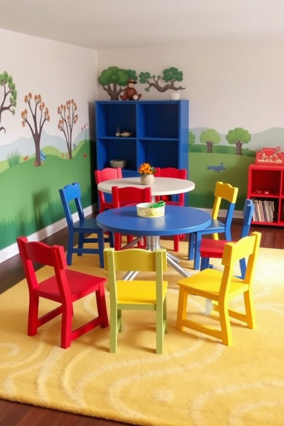 Brightly colored furniture for vibrant space. A playful arrangement of red, blue, and yellow chairs surrounds a round table, creating an inviting atmosphere. Labor Day Playroom Decorating Ideas. The walls are adorned with cheerful murals of outdoor scenes, while a soft rug in bright colors adds comfort to the floor.