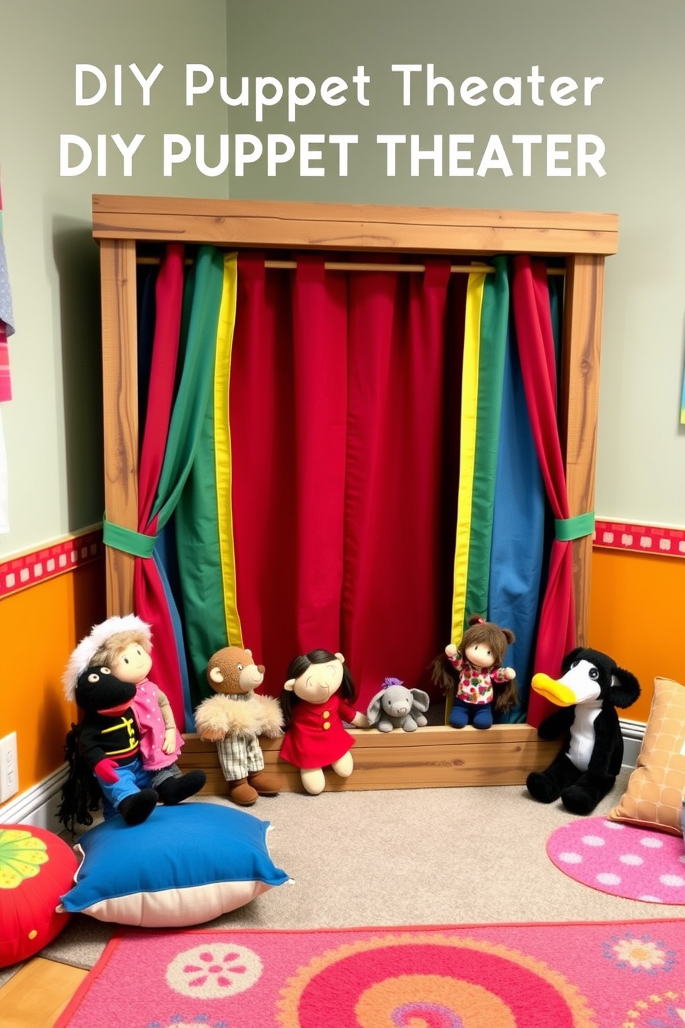 A whimsical DIY puppet theater designed for imaginative play. The theater features a colorful fabric backdrop with a wooden frame and playful curtains that can be drawn open and closed. The playroom is decorated with vibrant colors and fun patterns to inspire creativity. Plush seating and a variety of puppet characters are arranged to encourage interactive storytelling.