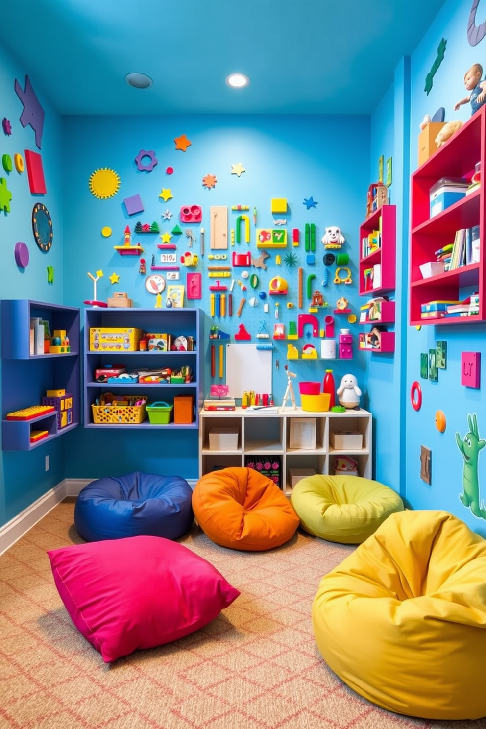 A vibrant playroom designed for creativity features a magnetic wall painted in bright colors to encourage interactive building activities. The space includes various building toys and materials displayed on shelves, inviting children to explore their imaginations. Brightly colored cushions and bean bags are scattered around for comfortable seating, creating a cozy area for play. Wall decals of playful shapes and characters enhance the cheerful atmosphere, making it an inspiring environment for kids to enjoy.