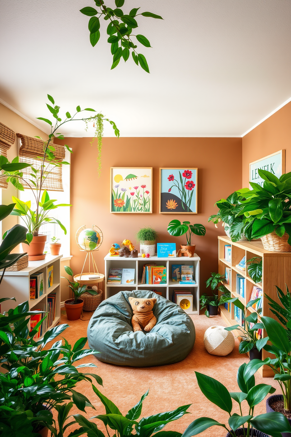 A nature-inspired playroom filled with vibrant greenery and playful decor. Lush potted plants are strategically placed around the room, creating a refreshing atmosphere. The walls are painted in soft earth tones, complemented by colorful artwork that celebrates nature. A cozy reading nook features a bean bag chair surrounded by bookshelves filled with children's books and toys.