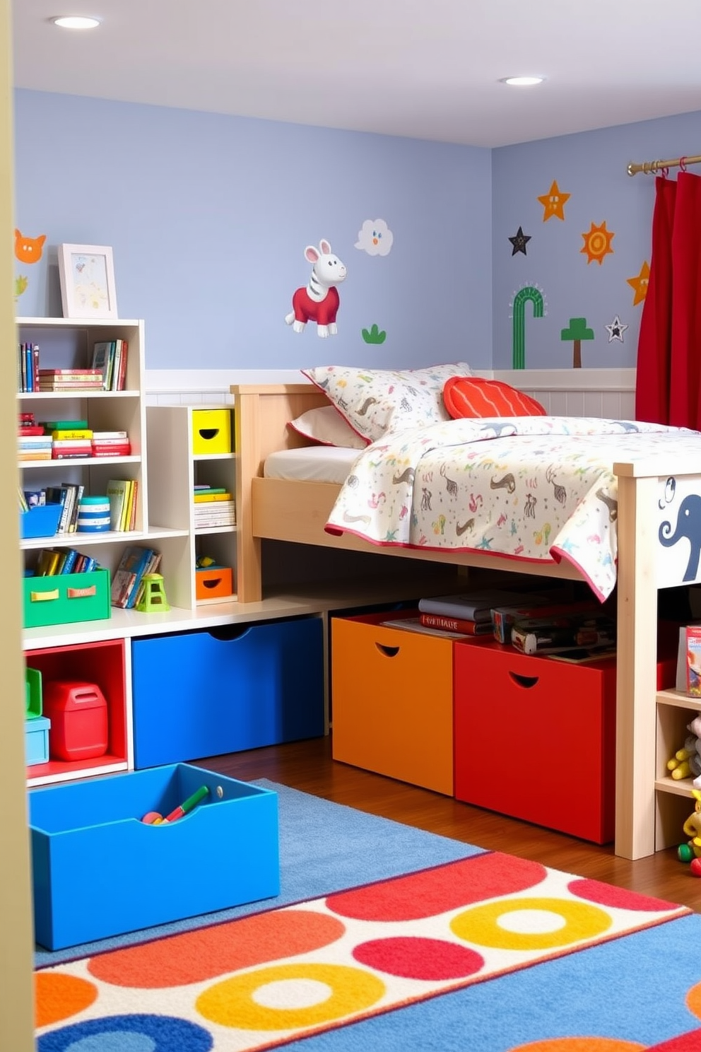 A cozy playroom designed for children with vibrant colors and playful decor. The room features a soft area rug in bright patterns, with shelves filled with toys and books, and a small table for arts and crafts. Under the bed, there are spacious storage drawers painted in cheerful colors to keep the room organized. The walls are adorned with fun wall decals, creating an inviting and imaginative space for kids to enjoy.