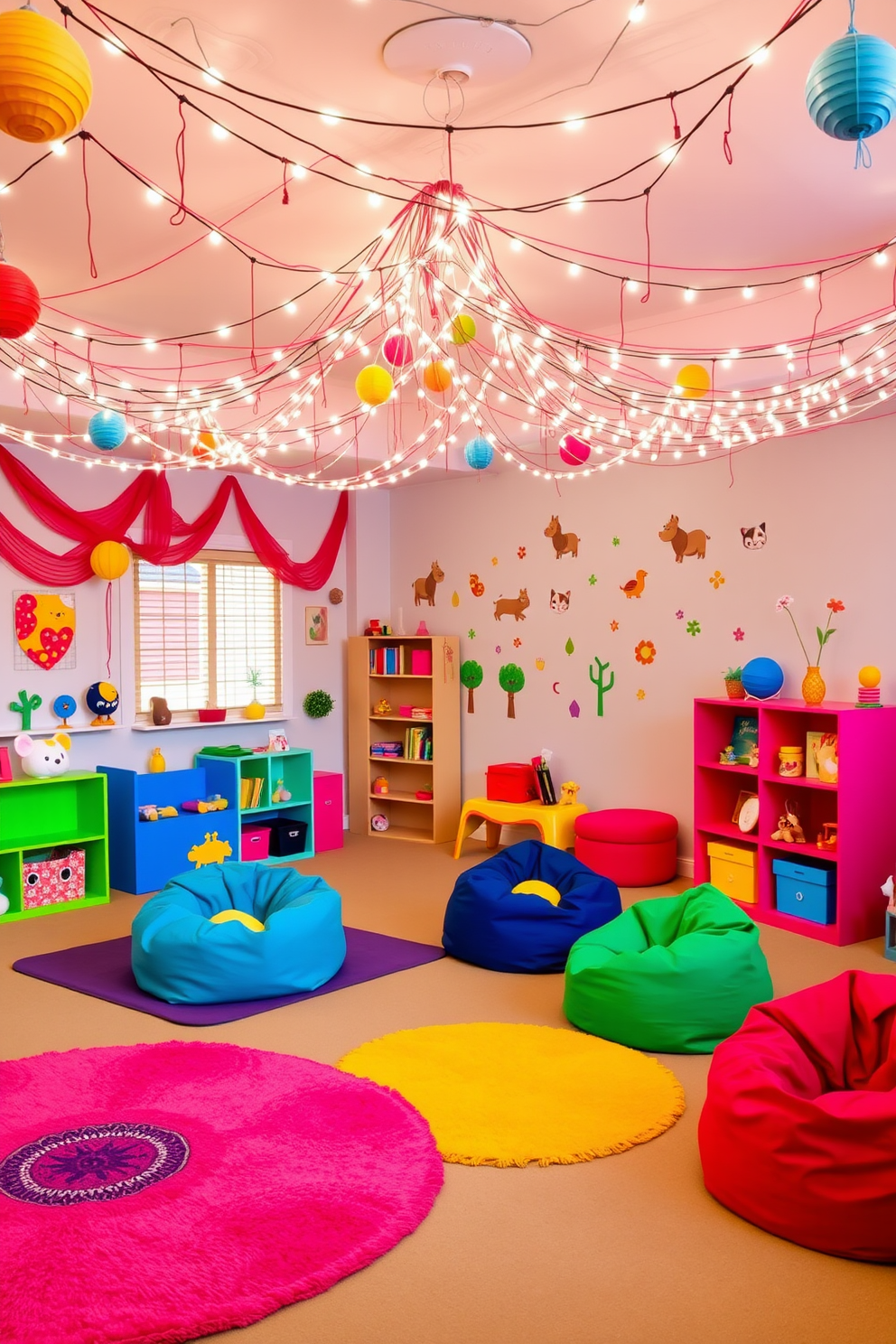 A vibrant playroom filled with colorful decorations and playful furniture. The space features string lights draped across the ceiling, creating a warm and inviting atmosphere. Brightly colored rugs and bean bags are scattered throughout, providing comfortable seating for children. Wall decals of playful animals add a whimsical touch, making the room feel lively and fun.