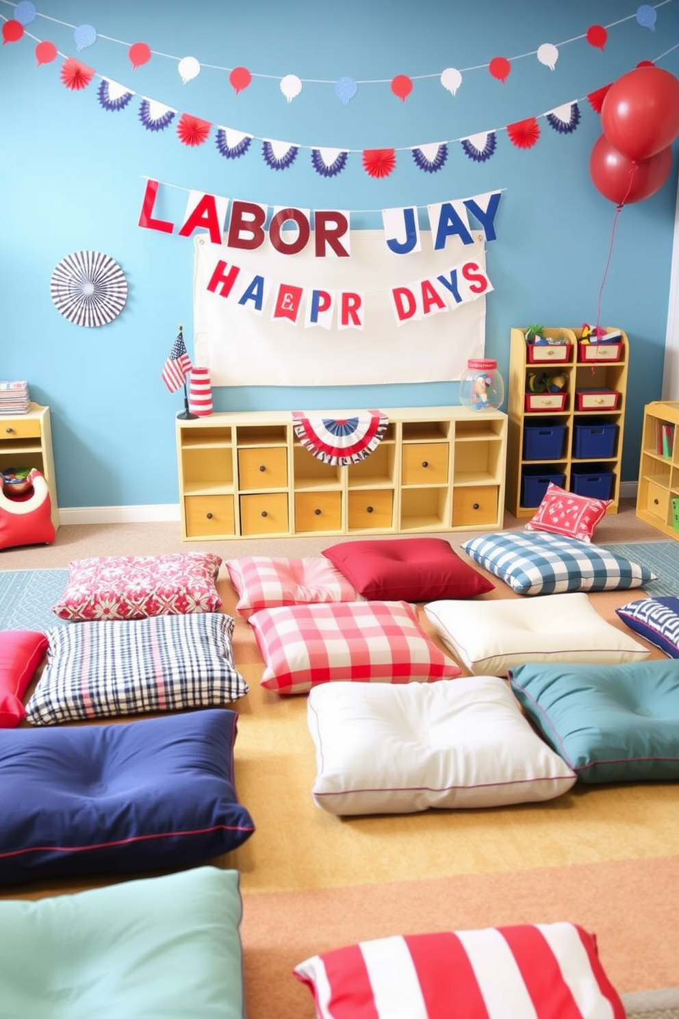 Cozy floor cushions are arranged in a vibrant playroom, providing flexible seating options for children. The cushions come in various colors and patterns, inviting creativity and comfort during playtime. For Labor Day, the playroom is adorned with festive decorations, including red, white, and blue accents. A playful banner hangs above, celebrating the holiday while maintaining a cheerful atmosphere for family gatherings.