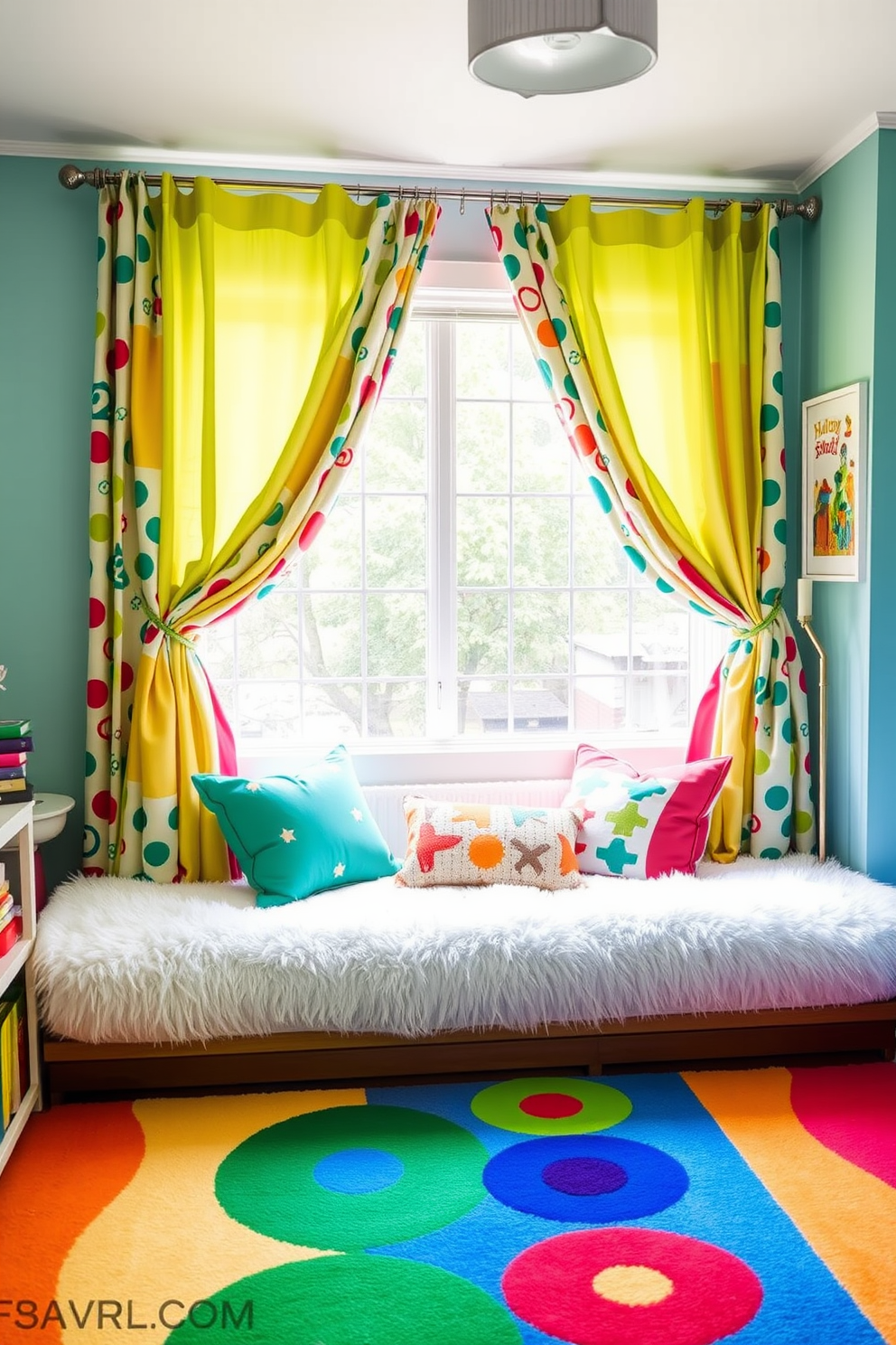 Colorful curtains to brighten the room. The curtains are made of a vibrant fabric with playful patterns, adding a cheerful touch to the space. Labor Day Playroom Decorating Ideas. The playroom features a cozy reading nook with plush cushions and a colorful rug, creating an inviting atmosphere for children to explore their creativity.