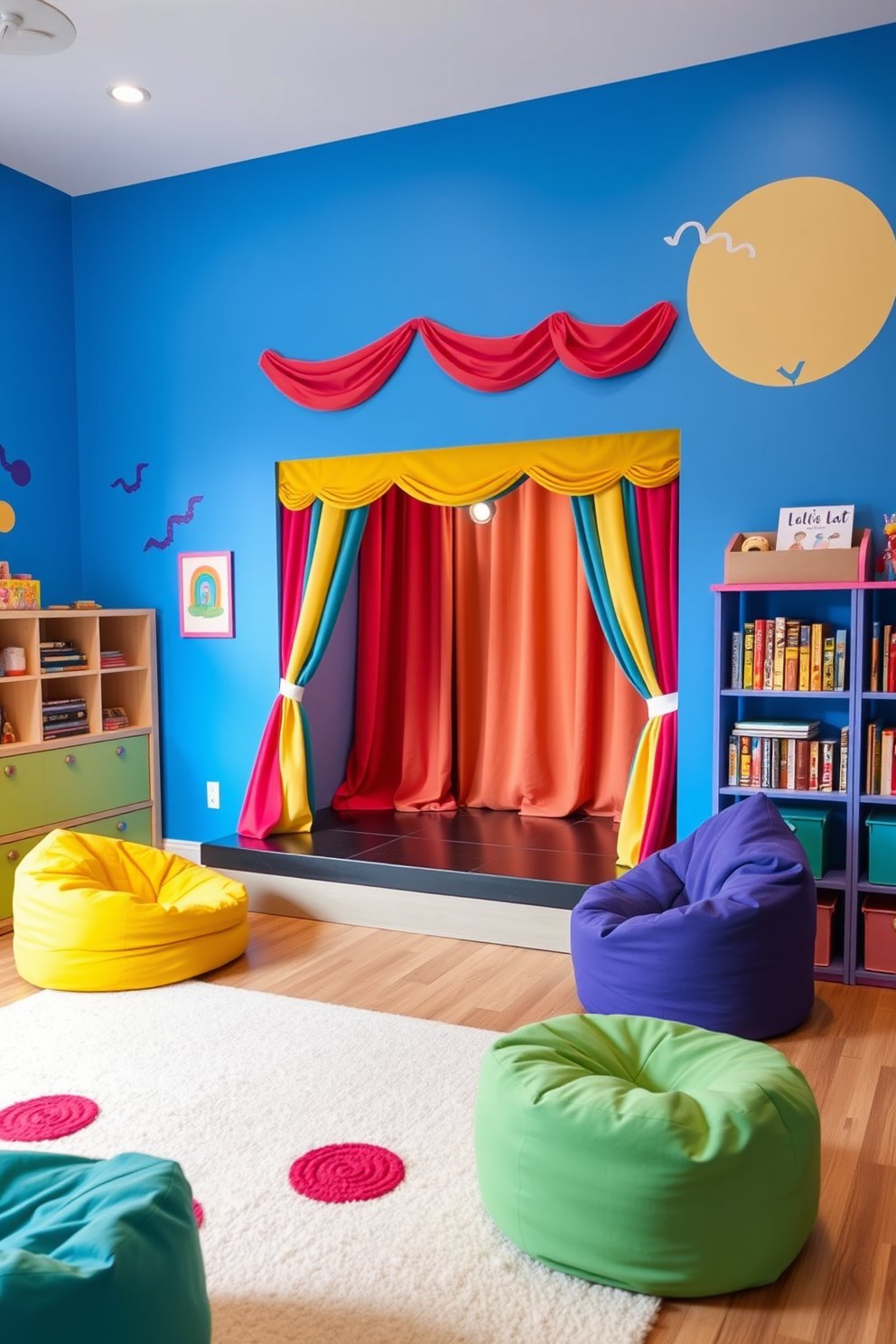 A vibrant playroom features a mini stage set against a bright blue wall, designed for children's performances. The stage is adorned with colorful curtains and a small spotlight, creating an inviting atmosphere for creativity and imagination. The playroom is filled with playful furniture, including bean bags in various colors and a soft rug for comfort. Shelves are lined with books and toys, while whimsical wall art adds a fun touch to the lively space.