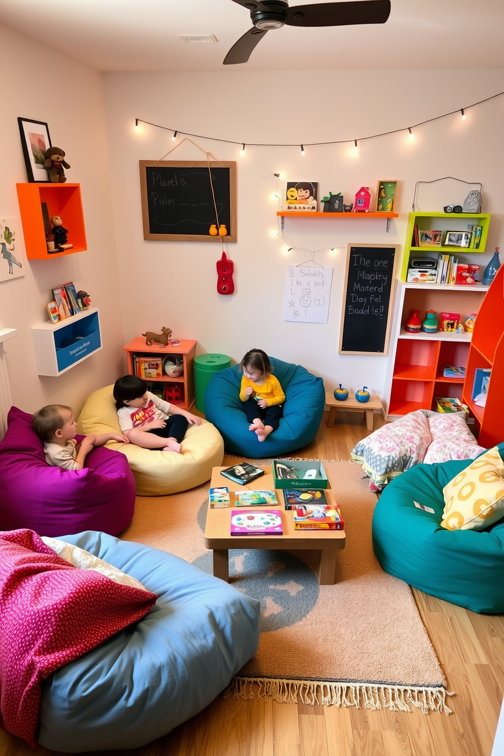 A cozy playroom corner designed for family fun. Soft bean bags are scattered around a colorful rug, and a low table holds an assortment of board games and puzzles. The walls are adorned with playful artwork and bright shelving filled with toys. A small chalkboard is mounted for creative drawings, and string lights add a warm ambiance.