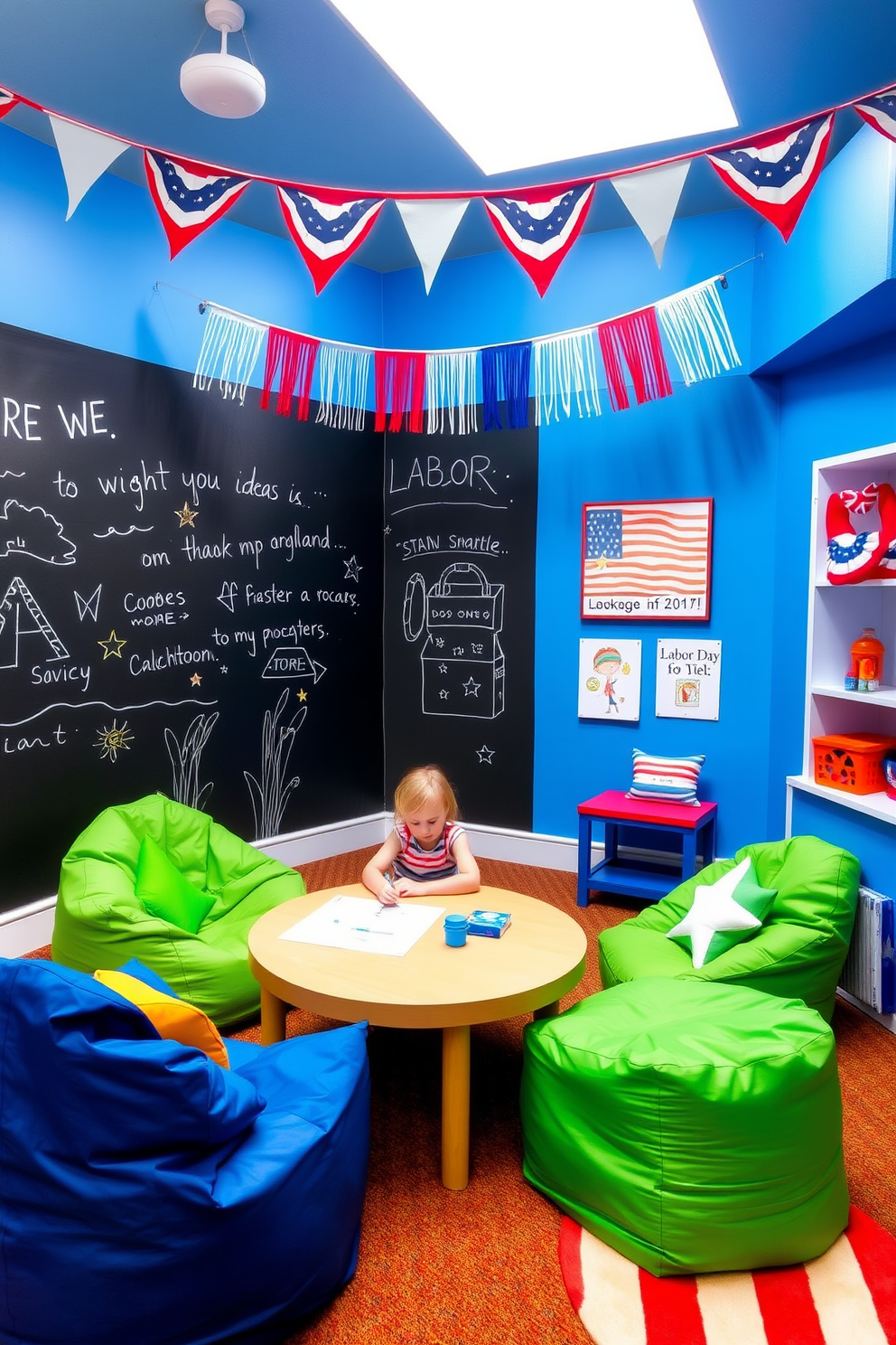 A vibrant playroom designed for creativity features an interactive chalkboard wall that invites children to express their artistic ideas. The space is filled with colorful furniture, including bean bags and a low table for drawing, ensuring a fun and engaging environment. For Labor Day celebrations, the playroom is decorated with festive elements such as red, white, and blue bunting and themed artwork. Playful accents like star-shaped cushions and a small picnic area enhance the festive atmosphere, making it a perfect spot for family gatherings.