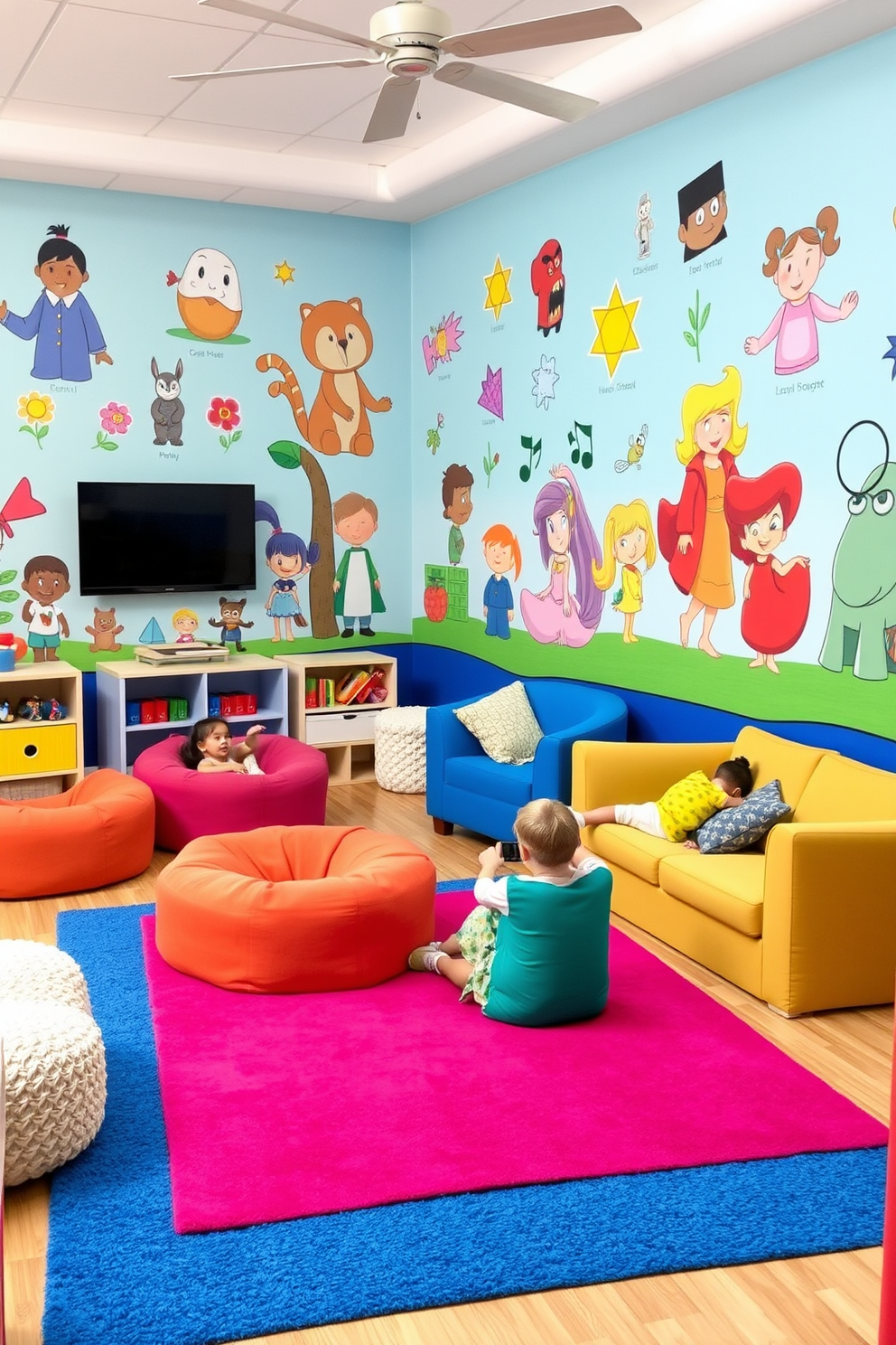 A vibrant playroom filled with excitement and creativity. The walls are adorned with colorful wall art featuring beloved characters from children's stories and cartoons. Soft, plush seating areas are arranged for comfort, with a mix of bean bags and small sofas. Brightly colored rugs and playful decorations create an inviting atmosphere perfect for imaginative play.