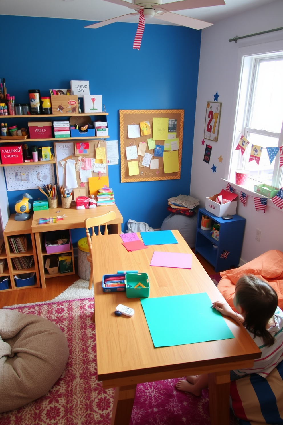 A cozy DIY craft corner designed for artistic expression. The space features a large wooden table covered in colorful craft supplies, with shelves filled with paints, papers, and tools. Brightly colored walls inspire creativity, while natural light floods the area through a nearby window. A comfortable chair and a bulletin board displaying finished projects add a personal touch to the inviting atmosphere. Fun and playful Labor Day playroom decorating ideas create an engaging environment for children. The room is filled with vibrant colors and themed decorations celebrating the holiday. Interactive play zones include a craft table, a reading nook, and a games area. Soft rugs and bean bags provide comfort, making it a perfect space for imaginative play and relaxation.