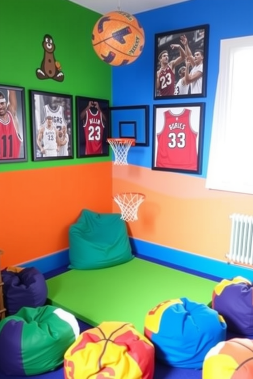 A vibrant playroom filled with sports-themed decor. The walls are painted in bright primary colors, showcasing framed jerseys and action shots of famous athletes. In one corner, a mini basketball hoop is mounted above a soft play mat. Colorful bean bags shaped like sports balls are scattered around for comfortable seating.