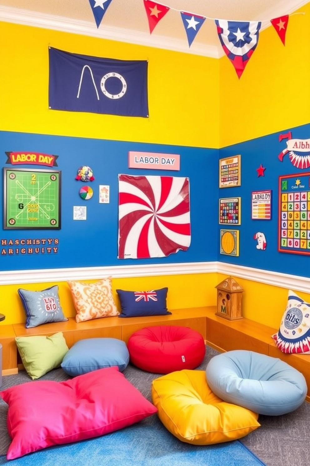 Create a vibrant playroom designed for interactive wall games that promote engagement and creativity. The walls are painted in bright colors, featuring various game boards and interactive elements that encourage children to play and learn. Incorporate comfortable seating areas with soft cushions and bean bags to create a cozy atmosphere. Add decorative elements related to Labor Day, such as themed artwork and playful banners, to celebrate the holiday while enhancing the playroom's charm.