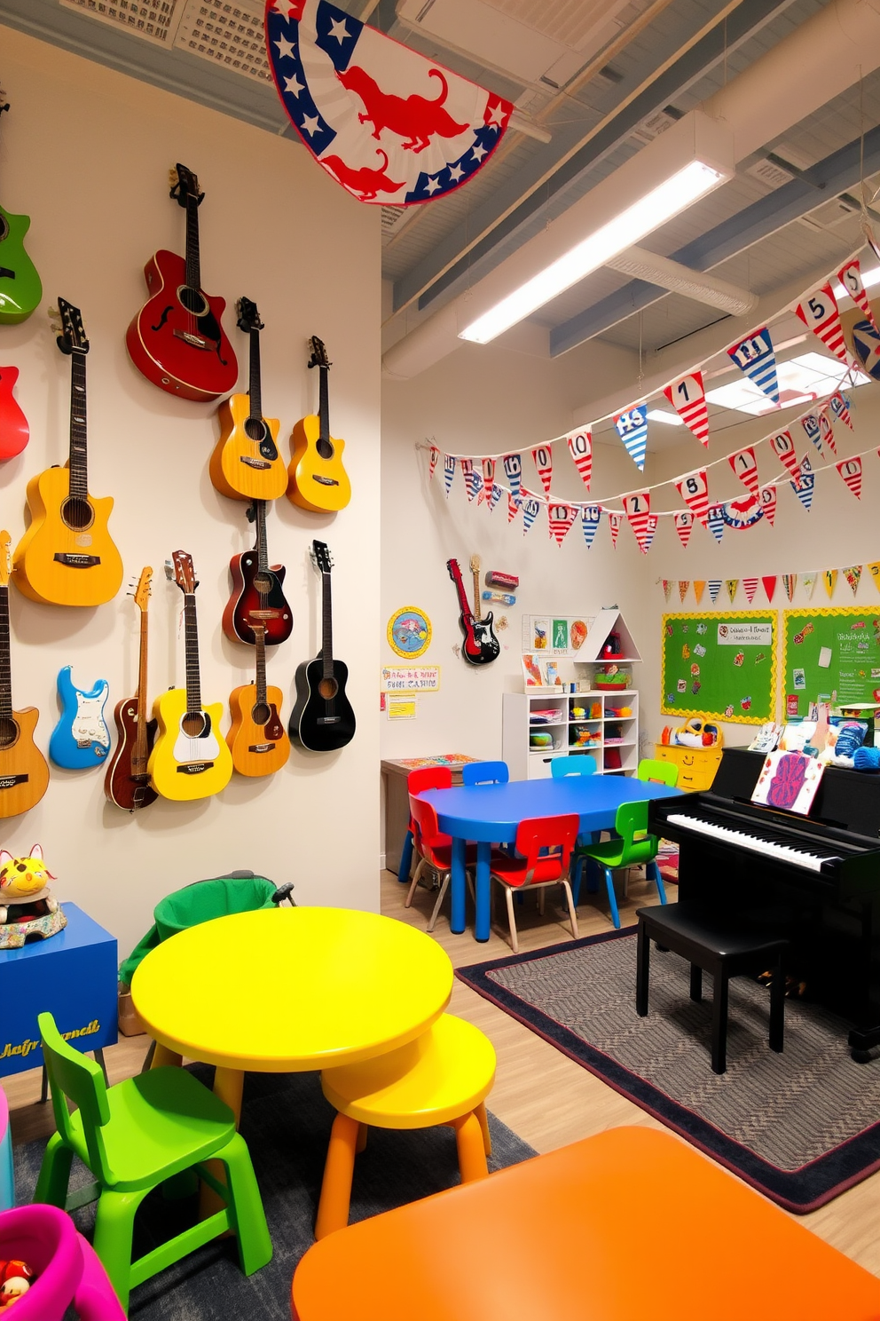 A vibrant musical instruments corner filled with creativity. There are colorful guitars hanging on the wall, a sleek piano in the corner, and a cozy rug on the floor. The playroom is decorated with playful Labor Day themes. Brightly colored furniture surrounds a large table, and festive banners hang from the ceiling, creating a joyful atmosphere.