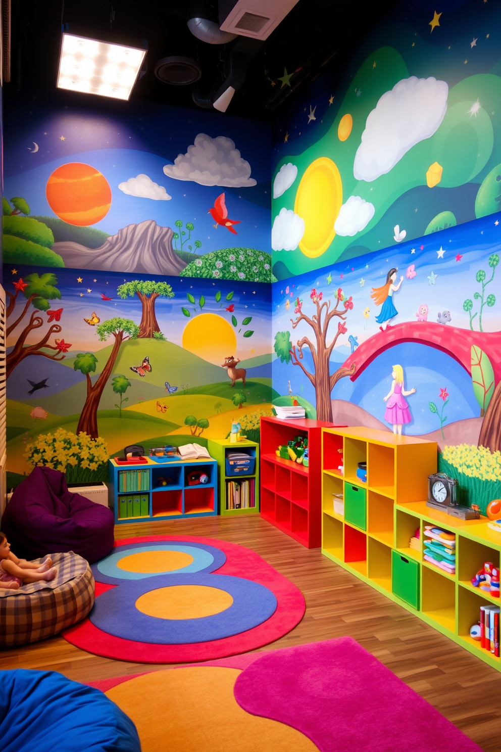 A vibrant playroom filled with themed murals that inspire creativity and imagination. The walls are adorned with colorful, whimsical designs depicting scenes from nature, outer space, and fairy tales. The playroom features comfortable seating areas with bean bags and soft rugs. Brightly colored storage units hold toys and art supplies, creating an inviting and organized space for children to explore and play.