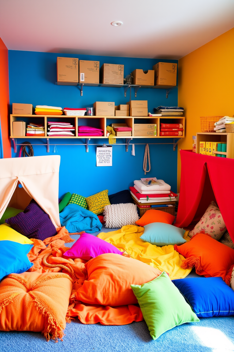 A vibrant playroom filled with colorful DIY fort-building supplies. Soft blankets and cushions are scattered around, inviting children to create their own imaginative spaces. The walls are painted in bright primary colors, enhancing the playful atmosphere. Shelves are stocked with various materials like cardboard boxes, rope, and fabric, encouraging creativity and adventure.