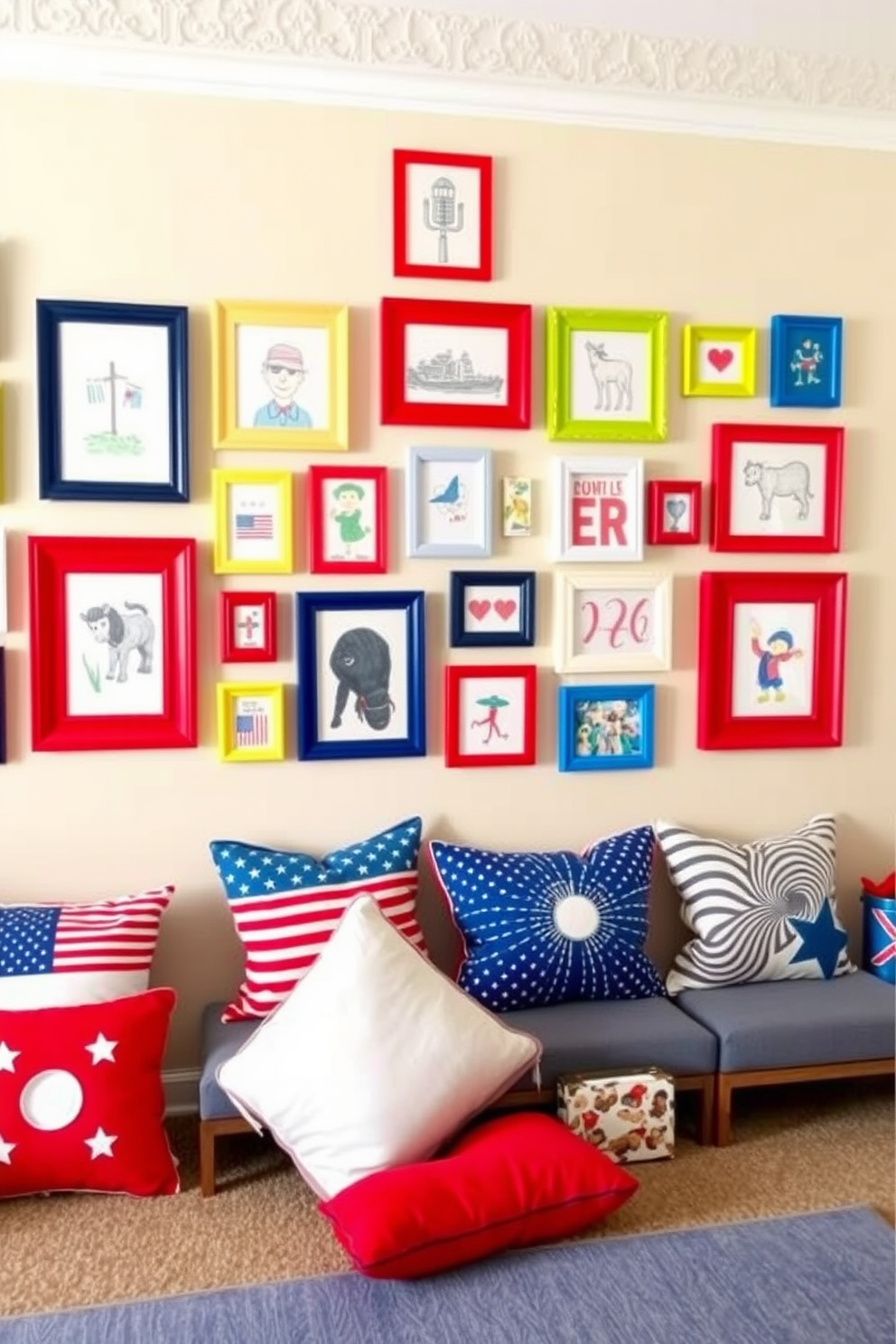 A charming gallery wall filled with colorful frames showcasing kids artwork. The wall features a mix of sizes and styles, creating a playful and inviting atmosphere. Labor Day playroom decorating ideas include vibrant red, white, and blue accents throughout the space. Cozy seating areas with themed cushions and playful decor items enhance the festive spirit.