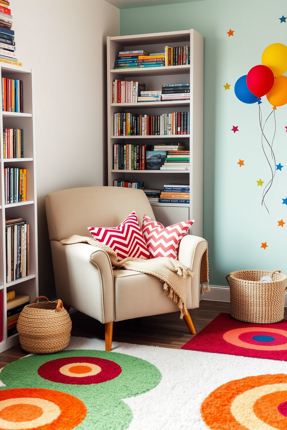 Cozy reading nook with soft cushions. A plush armchair is positioned next to a tall bookshelf filled with colorful books, and a warm throw blanket drapes over the chair. Labor Day playroom decorating ideas. Brightly colored rugs cover the floor, while playful wall decals of stars and balloons add a festive touch to the cheerful space.